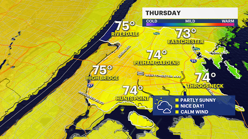 Story image: More clouds and comfortable temperatures overnight, with storms ending the week in The Bronx