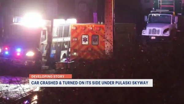 Car crashes, turns on its side on Pulaski Skyway