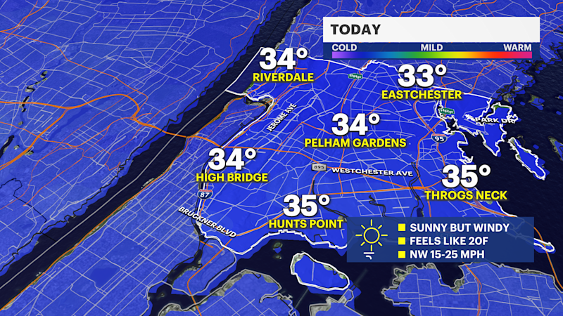 Story image: Cold and windy today, tracking a mid-week storm in The Bronx