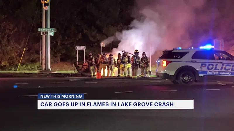 Story image: Car goes up in flames after two-vehicle crash in Lake Grove