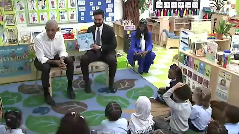 Story image: Obama meets Mamdani at Bronx child care center before reading to preschoolers