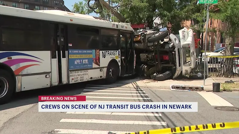 Story image: 14 injured when NJ Transit bus crashes into PSE&G truck in Newark