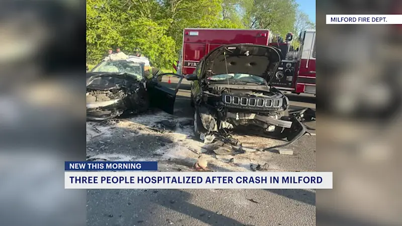 Story image:  Fire officials: 3 people injured in Milford crash