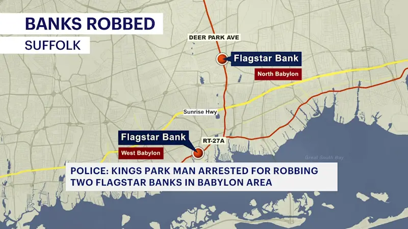 Story image: Man arrested in robberies at 2 banks in Babylon area