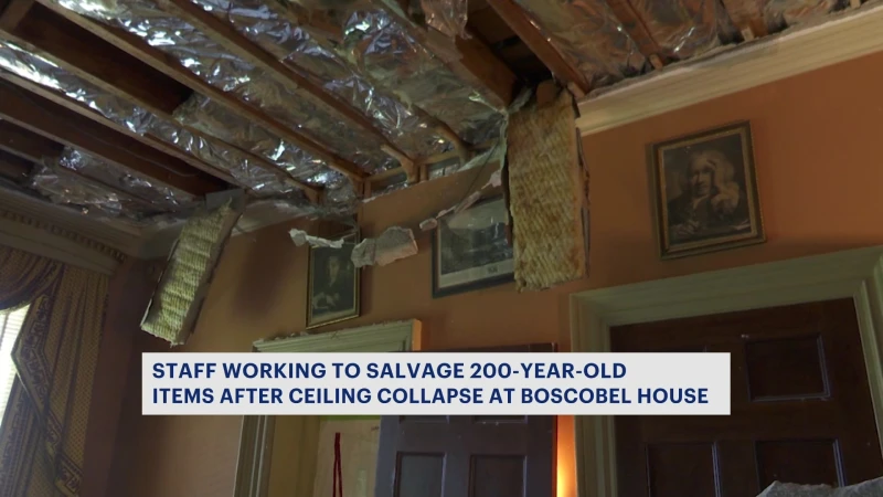 Story image: Staff delicately salvage 200-year-old relics following ceiling collapse at Boscobel House