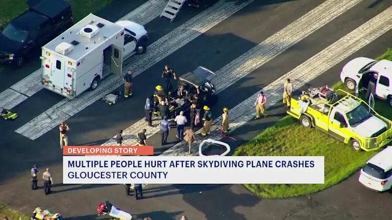 Story image: Skydiving plane goes off South Jersey runway and crashes into woods, sending 15 to hospital