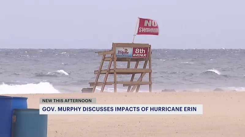 Story image: Red flags that ban swimming go up on NJ beaches as Hurricane Erin closes in