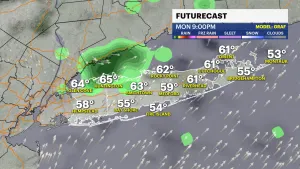Chance of showers today with a high near 67 degrees