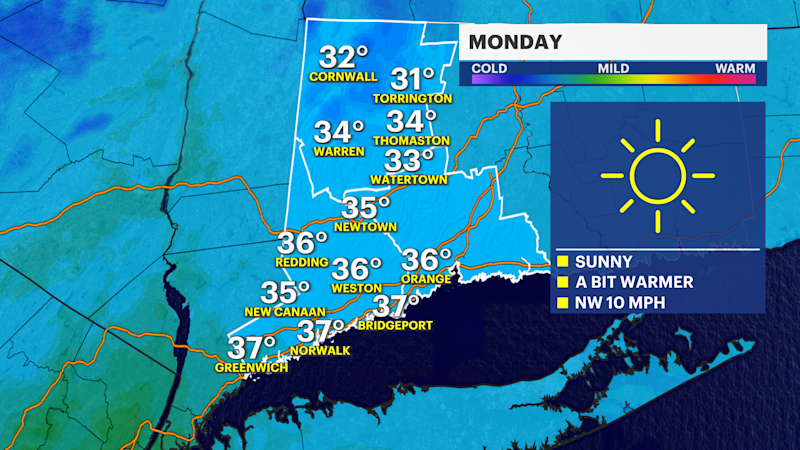 Story image: Bitter cold Monday in Connecticut; tracking rain for Wednesday