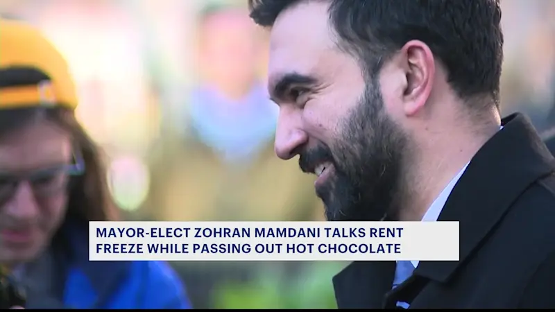 Story image: Tenants brave cold temps for cup of hot cocoa from Mayor-elect Mamdani to discuss rent freeze