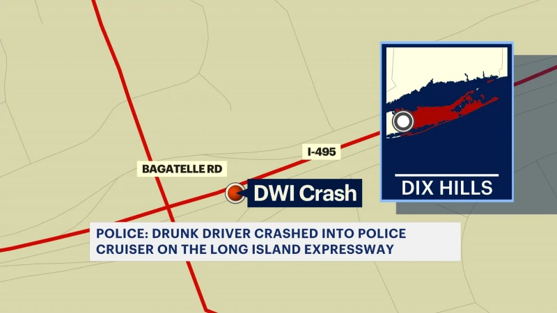 Story image: Suffolk PD: Officer hurt when patrol struck by car in Dix Hills; driver charged with DWI