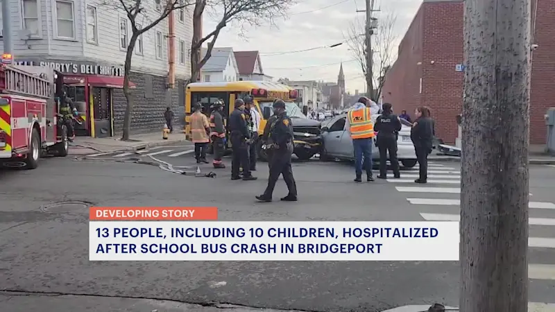 Story image: 13 people, including 10 children, hospitalized following school bus crash in Bridgeport