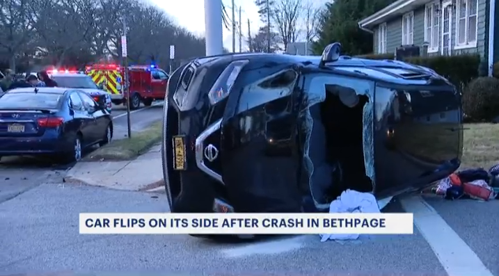 At least 3 hospitalized after crash leaves vehicle overturned in Bethpage