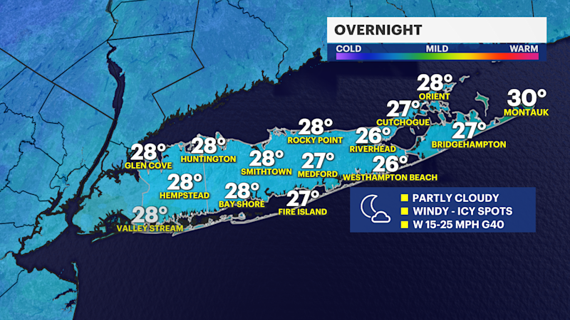 Story image: Drying out: Windy and colder with icy spots overnight on Long Island
