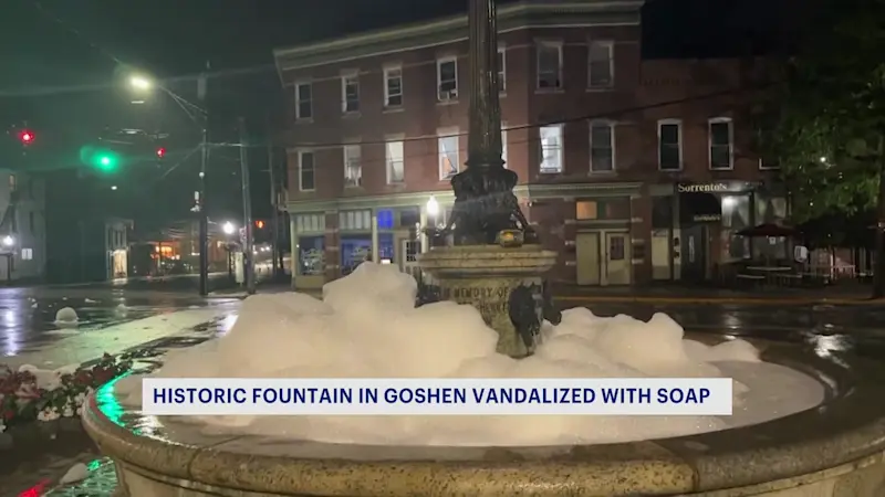 Story image: Historic Goshen fountain bath-bombed again, police look for slippery suspect