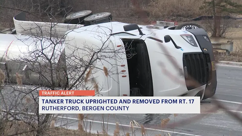 Story image: Overturned tanker carrying thousands of gallons of cooking oil snarls traffic in Bergen County