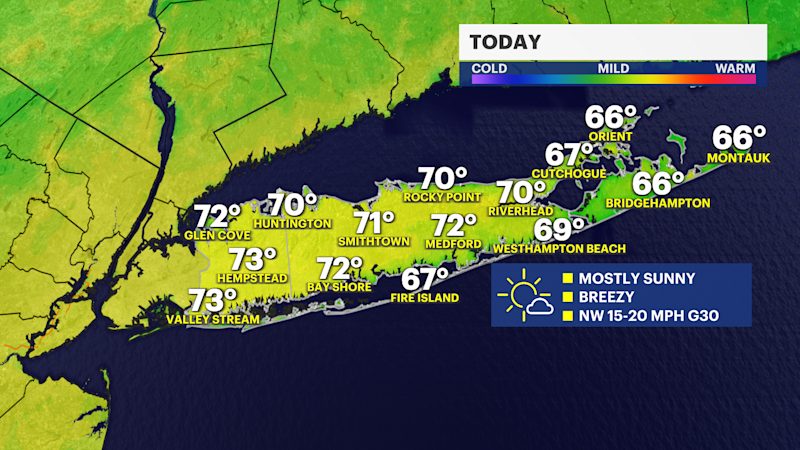 Story image: Mostly sunny skies and windy conditions on Long Island