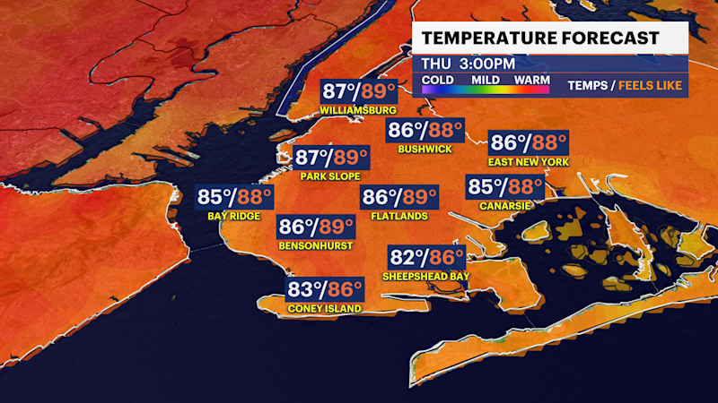 Story image: HEAT ALERT: Feel-like temps in the 90s today, record-breaking heat possible Friday in Brooklyn