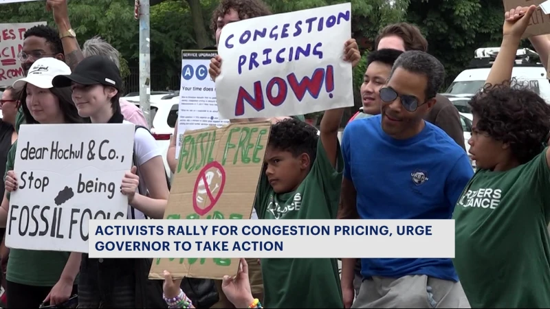 Story image: Climate activists hold congestion pricing rally, urge Gov. Hochul to take action