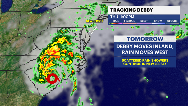 Story image: Debby tracks west of New Jersey, impacts still expected Friday afternoon and evening