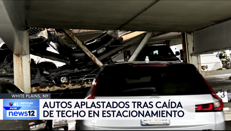 Story image: Univision 41 News Brief: Autos aplastados tras caida de techo en estacionamiento