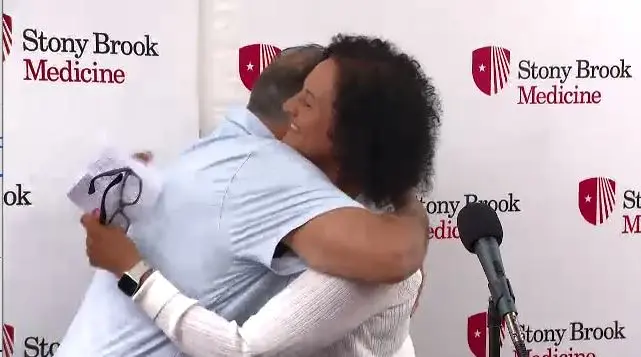 Story image: Kidney transplant recipient meets donor for first time at Stony Brook Hospital