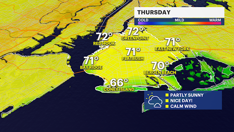 Story image: More clouds and comfortable temperatures overnight, with storms ending the week in Brooklyn