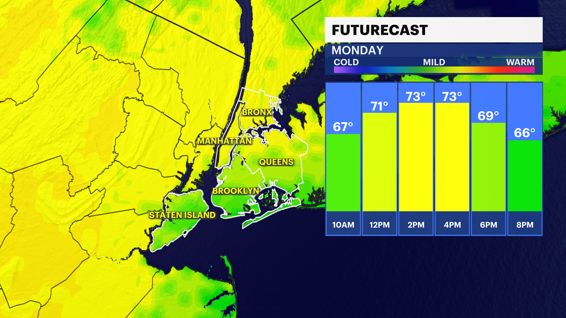 Sunny and pleasant Monday in New York City; highs in the 70s
