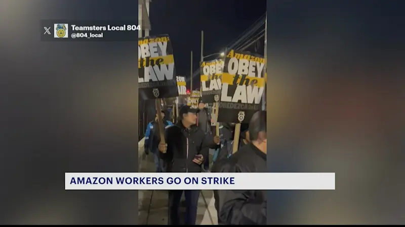 Story image: Amazon workers strike for better pay, conditions ahead of holidays