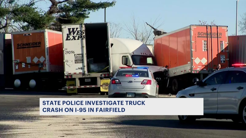 Story image: Police: Tractor-trailer struck 2 trucks at a rest stop on I-95 in Fairfield 